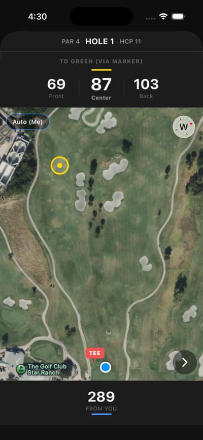 BirdieLab GPS screen showing satellite hole view with distances to the green