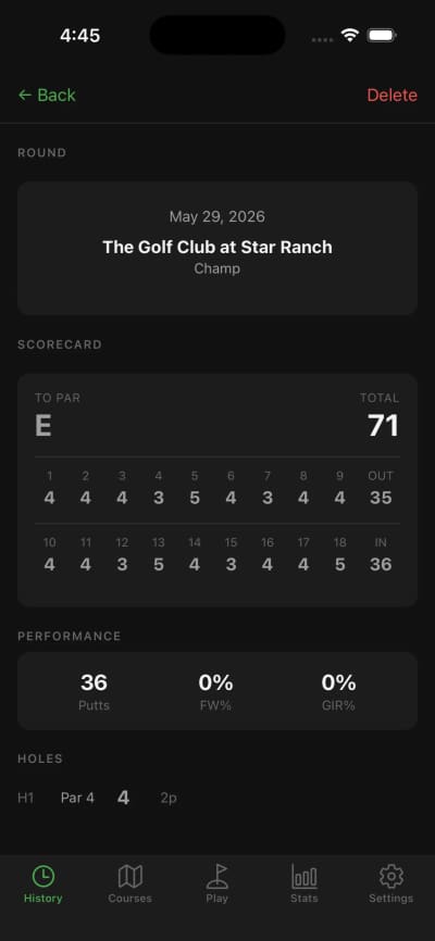 BirdieLab round summary screen showing a full 18-hole scorecard and performance stats