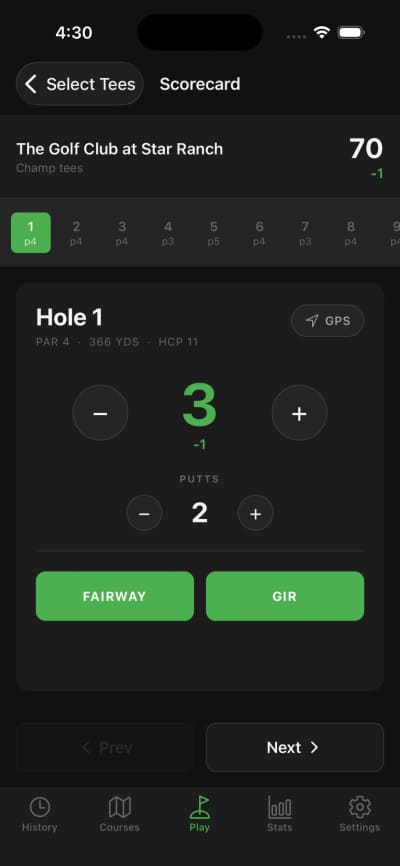 BirdieLab scorecard screen showing strokes and putts for hole 1